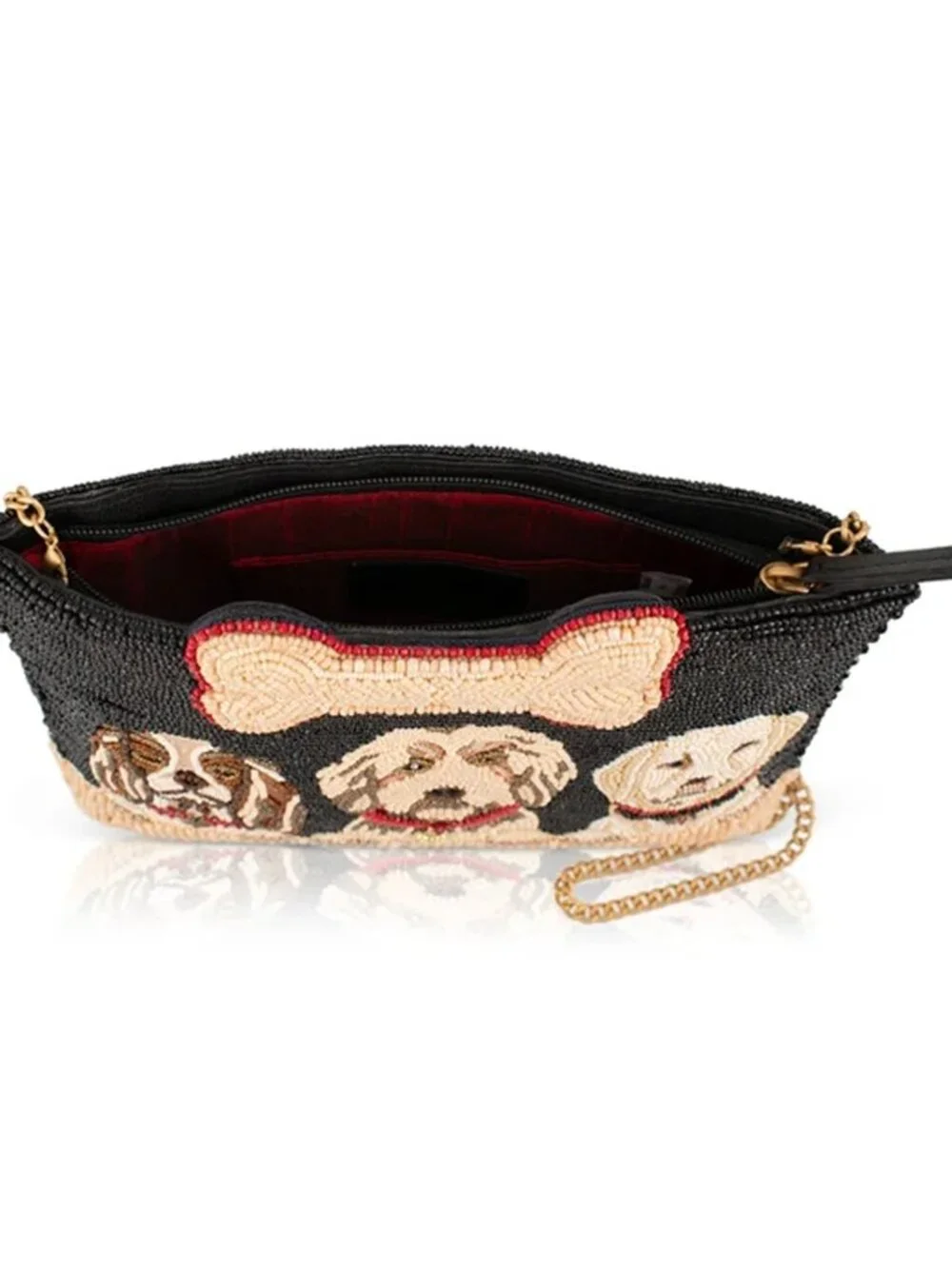 Mary Frances Pawsome Puppy Dog Bone Beaded Handbag Zip Bag Black Cream Purse NEW